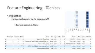 Feature Engineering - Técnicas
• Imputation
• Impossível reparar ou há esperança??
• Exemplo: dataset do Titanic
 