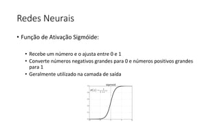 Redes Neurais
• Função de Ativação Sigmóide:
• Recebe um número e o ajusta entre 0 e 1
• Converte números negativos grandes para 0 e números positivos grandes
para 1
• Geralmente utilizado na camada de saída
 