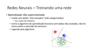 Redes Neurais – Treinando uma rede
• Aprendizado não supervisionado
• Usado com dados "não anotados" (não categorizados)
• (ex: cluster de K-Means)
• Como o algoritmo de aprendizado funciona com dados não anotados, não há
como avaliar a precisão da estrutura
• sugerido pelo algoritmo
 