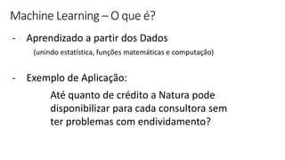 © Microsoft Corporation
Machine Learning – O que é?
- Aprendizado a partir dos Dados
(unindo estatística, funções matemáticas e computação)
- Exemplo de Aplicação:
Até quanto de crédito a Natura pode
disponibilizar para cada consultora sem
ter problemas com endividamento?
 