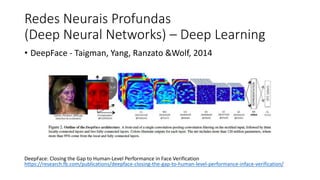 Redes Neurais Profundas
(Deep Neural Networks) – Deep Learning
• DeepFace - Taigman, Yang, Ranzato &Wolf, 2014
DeepFace: Closing the Gap to Human-Level Performance in Face Verification
https://research.fb.com/publications/deepface-closing-the-gap-to-human-level-performance-inface-verification/
 