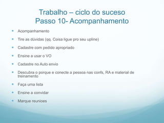 Trabalho – ciclo do suceso
             Passo 10- Acompanhamento
 Acompanhamento
 Tire as dúvidas (qq. Coisa ligue pro seu upline)
 Cadastre com pedido apropriado
 Ensine a usar o VO
 Cadastre no Auto envio
 Descubra o porque e conecte a pessoa nas confs, RA e material de
   treinamento

 Faça uma lista
 Ensine a convidar
 Marque reunioes
 