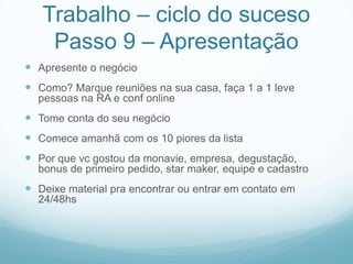 Trabalho – ciclo do suceso
    Passo 9 – Apresentação
 Apresente o negócio
 Como? Marque reuniões na sua casa, faça 1 a 1 leve
  pessoas na RA e conf online
 Tome conta do seu negócio
 Comece amanhã com os 10 piores da lista
 Por que vc gostou da monavie, empresa, degustação,
  bonus de primeiro pedido, star maker, equipe e cadastro
 Deixe material pra encontrar ou entrar em contato em
  24/48hs
 
