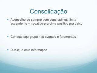Consolidação
 Aconselhe-se sempre com seus uplines, linha
  ascendente – negativo pra cima positivo pra baixo



 Conecte seu grupo nos eventos e feramentas


 Duplique esta informaçao
 