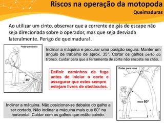 Riscos na operação da motopoda
Queimaduras
Ao utilizar um cinto, observar que a corrente de gás de escape não
seja direcionada sobre o operador, mas que seja desviada
lateralmente. Perigo de queimadura!.
Inclinar a máquina e procurar uma posição segura. Manter um
ângulo de trabalho de aprox. 35°. Cortar os galhos perto do
tronco. Cuidar para que a ferramenta de corte não encoste no chão.
Inclinar a máquina. Não posicionar-se debaixo do galho a
ser cortado. Não inclinar a máquina mais que 60° na
horizontal. Cuidar com os galhos que estão caindo.
Definir caminhos de fuga
antes de iniciar o corte e
assegurar que estes sempre
estejam livres de obstáculos.
 
