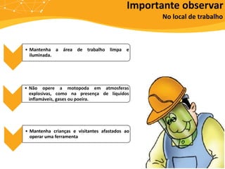 • Mantenha a área de trabalho limpa e
iluminada.
• Não opere a motopoda em atmosferas
explosivas, como na presença de líquidos
inflamáveis, gases ou poeira.
• Mantenha crianças e visitantes afastados ao
operar uma ferramenta
Importante observar
No local de trabalho
 