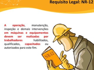 A operação, manutenção,
inspeção e demais intervenções
em máquinas e equipamentos
devem ser realizadas por
trabalhadores habilitados,
qualificados, capacitados ou
autorizados para este fim.
Requisito Legal: NR-12
 