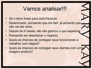 Vamos analisar!!!
• Se o dono fosse para esta franquia:
• Desanimado, pensando que iria falir, já achando que
  não vai dar certo,
• Depois de 6 meses, ele não ganhou o que esperava,
• Pensando em abandonar o negócio,
• Quais as chances de contagiar seus funcionários a
  trabalhar com alegria?
• Quais as chances de contagiar seus clientes com uma
  imagem positiva?
 