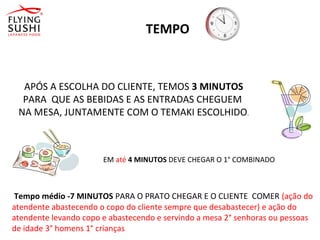 TEMPO
APÓS A ESCOLHA DO CLIENTE, TEMOS 3 MINUTOS
PARA QUE AS BEBIDAS E AS ENTRADAS CHEGUEM
NA MESA, JUNTAMENTE COM O TEMAKI ESCOLHIDO.
EM até 4 MINUTOS DEVE CHEGAR O 1° COMBINADO
Tempo médio -7 MINUTOS PARA O PRATO CHEGAR E O CLIENTE COMER (ação do
atendente abastecendo o copo do cliente sempre que desabastecer) e ação do
atendente levando copo e abastecendo e servindo a mesa 2° senhoras ou pessoas
de idade 3° homens 1° crianças
 