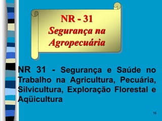 16
NR - 31
Segurança na
Agropecuária
NR 31 - Segurança e Saúde no
Trabalho na Agricultura, Pecuária,
Silvicultura, Exploração Florestal e
Aqüicultura
 