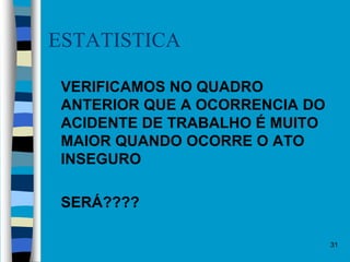 31
ESTATISTICA
 VERIFICAMOS NO QUADRO
ANTERIOR QUE A OCORRENCIA DO
ACIDENTE DE TRABALHO É MUITO
MAIOR QUANDO OCORRE O ATO
INSEGURO
 SERÁ????
 
