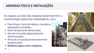 ARRANJO FÍSICO E INSTALAÇÕES
Os espaços ao redor das máquinas devem permitir a
movimentação segura dos trabalhadores, com:
• Pisos limpos, livres de objetos, nivelados e
adequados à atividade;
• Áreas devidamente demarcadas;
• Vias de circulação adequadamente
dimensionadas;
• Áreas de circulação permanentemente
desobstruídas;
• Distância segura entre máquinas;
• ...
 