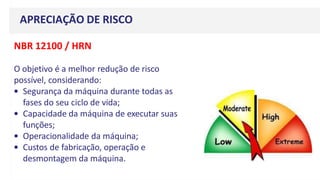 APRECIAÇÃO DE RISCO
NBR 12100 / HRN
O objetivo é a melhor redução de risco
possível, considerando:
• Segurança da máquina durante todas as
fases do seu ciclo de vida;
• Capacidade da máquina de executar suas
funções;
• Operacionalidade da máquina;
• Custos de fabricação, operação e
desmontagem da máquina.
 