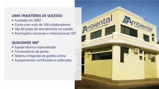 AMBIENTAL LENÇÓIS PAULISTA
UMA TRAJETÓRIA DE SUCESSO
• Fundada em 2002
• Conta com mais de 100 colaboradores
• São 60 polos de atendimento no estado
• Premiações nacionais e internacionais SST
QUALIDADE 360°
• Equipe técnica especializada
• Fornecedores de ponta
• Sistema integrado de gestão online
• Equipamentos certificados e calibrados
 