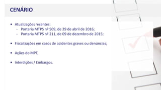 • Atualizações recentes:
- Portaria MTPS nº 509, de 29 de abril de 2016;
- Portaria MTPS nº 211, de 09 de dezembro de 2015;
• Fiscalizações em casos de acidentes graves ou denúncias;
• Ações do MPT;
• Interdições / Embargos.
CENÁRIO
 