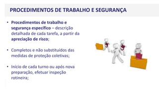 PROCEDIMENTOS DE TRABALHO E SEGURANÇA
• Procedimentos de trabalho e
segurança específico – descrição
detalhada de cada tarefa, a partir da
apreciação de risco;
• Completos e não substituídos das
medidas de proteção coletivas;
• Início de cada turno ou após nova
preparação, efetuar inspeção
rotineira;
 