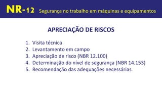 APRECIAÇÃO DE RISCOS
1. Visita técnica
2. Levantamento em campo
3. Apreciação de risco (NBR 12.100)
4. Determinação do nível de segurança (NBR 14.153)
5. Recomendação das adequações necessárias
NR-12 Segurança no trabalho em máquinas e equipamentos
 