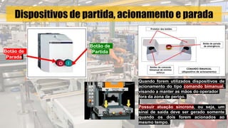 Dispositivos de partida, acionamento e parada
Botão de
Parada
Botão de
Partida
Quando forem utilizados dispositivos de
acionamento do tipo comando bimanual,
visando a manter as mãos do operador
fora da zona de perigo.
Possuir atuação síncrona, ou seja, um
sinal de saída deve ser gerado somente
quando os dois forem acionados ao
mesmo tempo.
 