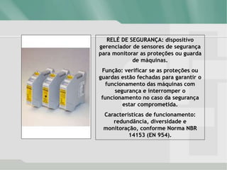 RELÉ DE SEGURANÇA: dispositivo
gerenciador de sensores de segurança
para monitorar as proteções ou guarda
de máquinas.
Função: verificar se as proteções ou
guardas estão fechadas para garantir o
funcionamento das máquinas com
segurança e interromper o
funcionamento no caso da segurança
estar comprometida.
Características de funcionamento:
redundância, diversidade e
monitoração, conforme Norma NBR
14153 (EN 954).
 