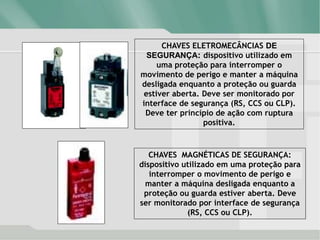 CHAVES ELETROMECÂNCIAS DE
SEGURANÇA: dispositivo utilizado em
uma proteção para interromper o
movimento de perigo e manter a máquina
desligada enquanto a proteção ou guarda
estiver aberta. Deve ser monitorado por
interface de segurança (RS, CCS ou CLP).
Deve ter princípio de ação com ruptura
positiva.
CHAVES MAGNÉTICAS DE SEGURANÇA:
dispositivo utilizado em uma proteção para
interromper o movimento de perigo e
manter a máquina desligada enquanto a
proteção ou guarda estiver aberta. Deve
ser monitorado por interface de segurança
(RS, CCS ou CLP).
 