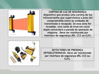 CORTINA DE LUZ DE SEGURANÇA:
dispositivo que produz uma cortina de luz
infravermelha que supervisiona a área útil
compreendida entre as unidades de
transmissão e recepção. Se essa área for
invadida, uma saída de sinal em canal
duplo comandará a parada da operação da
máquina. Deve ser monitorado por
interface de segurança (RS, CCS ou CLP).
DETECTORES DE PRESENÇA
OPTOELETRONICOS. Deve ser monitorado
por interface de segurança (RS, CCS ou
CLP).
 