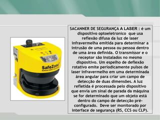 SACANNER DE SEGURANÇA A LASER : é um
dispositivo optoeletronico que usa
reflexão difusa da luz de laser
infravermelha emitida para determinar a
intrusão de uma pessoa ou pessoa dentro
de uma área definida. O transmissor e o
receptor são instalados no mesmo
dispositivo. Um espelho de deflexão
rotativo emite periodicamente pulsos de
laser infravermelho em uma determinada
área angular para criar um campo de
detecção de duas dimensões. A luz
refletida é processada pelo dispositivo
que envia um sinal de parada da máquina
se for determinado que um objeto está
dentro do campo de detecção pré-
configurado. Deve ser monitorado por
interface de segurança (RS, CCS ou CLP).
 