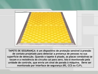 TAPETE DE SEGURANÇA: é um dispositivo de proteção sensível à pressão
de contato projetado para detectar a presença de pessoas na sua
superfície de detecção. Quando o tapete é pisado, as placas condutivas se
tocam e a resistência do circuito cai para zero. Isto é monitorado pela
unidade de controle, que envia um sinal de parada à máquina. Deve ser
monitorado por interface de segurança (RS, CCS ou CLP).
 