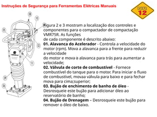 Instruções de Segurança para Ferramentas Elétricas Manuais
Figura 2 e 3 mostram a localização dos controles e
componentes para o compactador de compactação
VMR75R. As funções
de cada componente é descrito abaixo:
01. Alavanca do Acelerador - Controla a velocidade do
motor (rpm). Mova a alavanca para a frente para reduzir
a velocidade
do motor e mova a alavanca para trás para aumentar a
velocidade;
02. Válvula de corte de combustível - Fornece
combustível do tanque para o motor. Para iniciar o fluxo
de combustível, movaa válvula para baixo e para fechar
mova para cima;superior;
03. Bujão de enchimento de banho de óleo -
Desrosqueie este bujão para adicionar óleo ao
reservatório de banho;
04. Bujão de Drenagem – Desrosqueie este bujão para
remover o óleo de baixo.
 