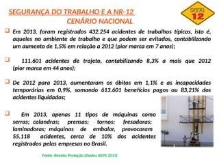 SEGURANÇA DO TRABALHO E A NR-12
CENÁRIO NACIONAL
 Em 2013, foram registrados 432.254 acidentes de trabalhos típicos, isto é,
aqueles no ambiente de trabalho e que podem ser evitados, contabilizando
um aumento de 1,5% em relação a 2012 (pior marca em 7 anos);
 111.601 acidentes de trajeto, contabilizando 8,3% a mais que 2012
(pior marca em 44 anos);
 De 2012 para 2013, aumentaram os óbitos em 1,1% e as incapacidades
temporárias em 0,9%, somando 613.601 benefícios pagos ou 83,21% dos
acidentes liquidados;
 Em 2013, apenas 11 tipos de máquinas como
serras; calandras; prensas; tornos; fresadoras;
laminadoras; máquinas de embalar, provocaram
55.118 acidentes, cerca de 10% dos acidentes
registrados pelas empresas no Brasil.
Fonte: Revista Proteção (Dados AEPS 2013)
 