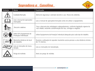 Sopradora a Gasolina
.
Símbolo Nome Explicação
Cuidado/Atenção Alerta de segurança e atenção durante o uso. Riscos de acidentes.
Leia o manual de operações/
instruções
Leia o manual de operações/instruções antes de utilizar o equipamento.
Descarte seletivo
Faça o descarte das embalagens adequadamente, conforme legislação vigente da
sua cidade, evitando contaminação de rios, córregos e esgotos.
Utilize EPI (Equipamento de
Proteção Individual)
Utilize Equipamento de Proteção Individual adequado para cada tipo de trabalho.
Mantenha distância do local
de trabalho
Durante a utilização do soprador mantenha outras pessoas a uma distância mínima
de 15 metros.
Leia as instruções de manu-
tenção
Leia as instruções de manutenção.
Perigo de incêndio Alerta de perigo de incêndio.
 