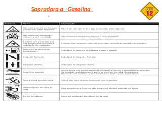 Sopradora a Gasolina
.
Sím bolo No m e Explicação
Não inale vapores ou fum aç as
produzida s pelo soprador
Não inale v apores ou fum aç as produzidas pelo soprador.
Não utilize em am biente s
internos e sem ventilação
Não utilize em am bientes in ternos e se m ventilação.
Cuidado c om partíc ulas que
são proj etadas durante a
utilizaç ão do soprador
C uidado c om partículas qu e são proj etadas durante a utilizaç ão do soprador.
I ndic aç ão de m istura do
combustív el
I ndic a ç ão de m istura de gasolina e óleo 2 tempos.
A fogador fechado I ndic a ç ão de afogador fechado.
A fogador aberto I ndic a ç ão de afogador aberto.
S u perfície quente
Nunc a toqu e na s p artes m etálic as ou parte s expostas a tem peraturas elev ad as.
Ao desligar, o equipamento ainda se mantém em alta temperatura.
Manuseie c om cuidado, a alta tem peratura pode c a usar queim aduras.
Nunc a utilize gasolina pura U tilize óleo dois tem pos mistura do c om a gasolina.
D e sm onta gem do c abo de
vela
Para desm ontar o c abo de v ela puxe- o no sentido indic ado na figura.
Partes cortantes R isc o de mutilaç ão dos dedos ou da mão.
 