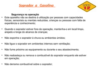 Soprador a Gasolina
.
Segurança na operação
• Este aparelho não se destina à utilização por pessoas com capacidades
físicas, sensoriais ou mentais reduzidas, crianças ou pessoas com falta de
experiência e conhecimento;
• Quando o soprador estiver fora de operação, mantenha-o em local limpo,
arejado e longe do alcance de crianças;
• Não exponha o soprador à chuva ou ambientes úmidos;
• Não ligue o soprador em ambientes internos sem ventilação;
• Não fume próximo ao equipamento ou durante o seu abastecimento;
• Não reabasteça ou remova o combustível do soprador enquanto ele estiver
em operação;
• Não derrame combustível sobre o soprador;
 