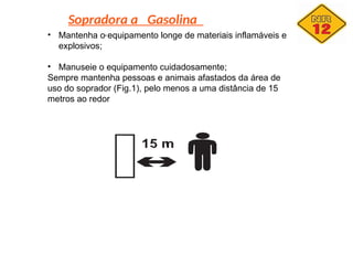 Sopradora a Gasolina
.
• Mantenha o equipamento longe de materiais inflamáveis e
explosivos;
• Manuseie o equipamento cuidadosamente;
Sempre mantenha pessoas e animais afastados da área de
uso do soprador (Fig.1), pelo menos a uma distância de 15
metros ao redor
 
