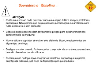 Sopradora a Gasolina
ATENÇÃO:
• Ruído em excesso pode provocar danos à audição. Utilize sempre protetores
auriculares. Não permita que outras pessoas permaneçam no ambiente com
ruído excessivo e sem proteção;
• Cabelos longos devem estar devidamente presos para evitar prender nas
partes móveis da máquina;
• Nunca utilize o soprador se estiver sob efeito de álcool, medicamentos ou
algum tipo de droga;
• Desligue o motor quando for transportar o soprador de uma área para outra ou
quando não estiver sendo utilizado;
• Durante o uso ou logo após encerrar os trabalhos, nunca toque as partes
quentes da máquina, sob risco de ferimentos por queimaduras;
 