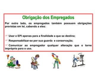 Obrigação dos Empregados
Por outro lado, os empregados também possuem obrigações
previstas em lei, cabendo a eles:
 Usar o EPI apenas para a finalidade a que se destina;
 Responsabilizar-se por sua guarda e conservação;
 Comunicar ao empregador qualquer alteração que o torne
impróprio para o uso.
 