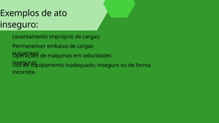 Exemplos de ato
inseguro:
Levantamento impróprio de cargas;
Permanencer embaixo de cargas
suspensas;
Operações de máquinas em velocidades
inseguras;
Uso de equipamento inadequado, inseguro ou de forma
incorreta.
 
