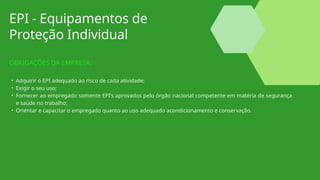 EPI - Equipamentos de
Proteção Individual
OBRIGAÇÕES DA EMPRESA:
• Adquirir o EPI adequado ao risco de cada atividade;
• Exigir o seu uso;
• Fornecer ao empregado somente EPI’s aprovados pelo órgão nacional competente em matéria de segurança
e saúde no trabalho;
• Orientar e capacitar o empregado quanto ao uso adequado acondicionamento e conservação.
 