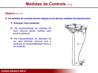 CURSO BÁSICO NR10
Objetivo (10.2.2):
As medidas de controle devem integrar-se às demais medidas da empresa para:
Medidas de Controle (10.2)
Extinguir risco existente;
Na impossibilidade de extinção do
risco, deve-se adotar medidas para
torná-lo tolerável;
Na impossibilidade de obtenção de
um valor tolerável, conviver com a
anuência da responsabilidade frente a
um acidente.
 