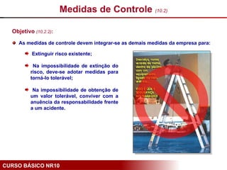 CURSO BÁSICO NR10
Objetivo (10.2.2):
As medidas de controle devem integrar-se as demais medidas da empresa para:
Medidas de Controle (10.2)
Extinguir risco existente;
Na impossibilidade de extinção do
risco, deve-se adotar medidas para
torná-lo tolerável;
Na impossibilidade de obtenção de
um valor tolerável, conviver com a
anuência da responsabilidade frente
a um acidente.
 