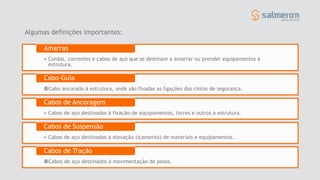 • Cordas, correntes e cabos de aço que se destinam a amarrar ou prender equipamentos à
estrutura.
Amarras
Cabo ancorado à estrutura, onde são fixadas as ligações dos cintos de segurança.
Cabo-Guia
• Cabos de aço destinados à fixação de equipamentos, torres e outros à estrutura.
Cabos de Ancoragem
• Cabos de aço destinados à elevação (içamento) de materiais e equipamentos.
Cabos de Suspensão
Cabos de aço destinados à movimentação de pesos.
Cabos de Tração
Algumas definições importantes:
 