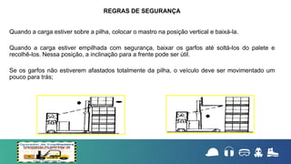 Quando a carga estiver sobre a pilha, colocar o mastro na posição vertical e baixá-la.
Quando a carga estiver empilhada com segurança, baixar os garfos até soltá-los do palete e
recolhê-los. Nessa posição, a inclinação para a frente pode ser útil.
Se os garfos não estiverem afastados totalmente da pilha, o veículo deve ser movimentado um
pouco para trás;
REGRAS DE SEGURANÇA
 