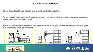 Elevar os garfos até uma posição que permita a entrada no palete.
Se necessário, dirigir para frente para aproximar o veículo da pilha, e brecar novamente. Avançar o
mastro para a frente, sob a carga.
Baixar a carga cuidadosamente e uniformemente até a posição correta de percurso, inclinar para
trás totalmente antes de ir embora.
REGRAS DE SEGURANÇA
 