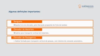 Algumas definições importantes:
Queda livre do elevador, pela liberação proposital do freio do tambor.
Banguela
Cabine para transporte vertical de materiais.
Elevador de Materiais
• Cabine fechada para transporte vertical de pessoas, com sistema de comando automático.
Elevador de Passageiros
 