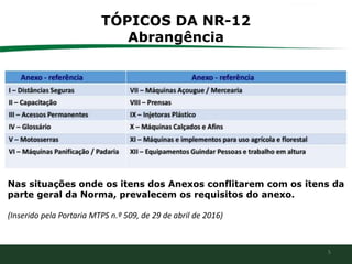 5
Nas situações onde os itens dos Anexos conflitarem com os itens da
parte geral da Norma, prevalecem os requisitos do anexo.
(Inserido pela Portaria MTPS n.º 509, de 29 de abril de 2016)
TÓPICOS DA NR-12
Abrangência
 