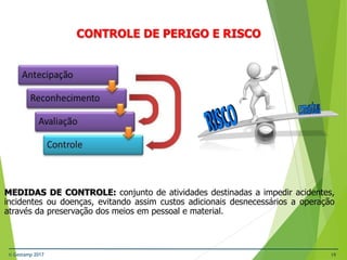 © Gestamp 2017 19
NR-12 – Segurança no Trabalho em Máquinas e
Equipamentos
CONTROLE DE PERIGO E RISCO
MEDIDAS DE CONTROLE: conjunto de atividades destinadas a impedir acidentes,
incidentes ou doenças, evitando assim custos adicionais desnecessários a operação
através da preservação dos meios em pessoal e material.
 