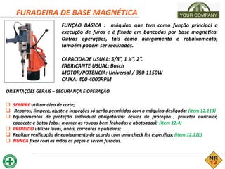 FURADEIRA DE BASE MAGNÉTICA
FUNÇÃO BÁSICA : máquina que tem como função principal a
execução de furos e é fixada em bancadas por base magnética.
Outras operações, tais como alargamento e rebaixamento,
também podem ser realizadas.
CAPACIDADE USUAL: 5/8”, 1 ¼”, 2”.
FABRICANTE USUAL: Bosch
MOTOR/POTÊNCIA: Universal / 350-1150W
CAIXA: 400-4000RPM
ORIENTAÇÕES GERAIS – SEGURANÇA E OPERAÇÃO
 SEMPRE utilizar óleo de corte;
 Reparos, limpeza, ajuste e inspeções só serão permitidos com a máquina desligada; (item 12.113)
 Equipamentos de proteção individual obrigatórios: óculos de proteção , protetor auricular,
capacete e botas (obs.: manter as roupas bem fechadas e abotoadas); (item 12.4)
 PROIBIDO utilizar luvas, anéis, correntes e pulseiras;
 Realizar verificação de equipamento de acordo com uma check list específica; (item 12.110)
 NUNCA fixar com as mãos as peças a serem furadas.
 