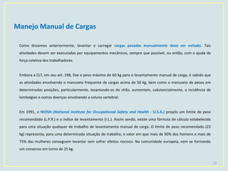 Manejo Manual de Cargas
13
Como dissemos anteriormente, levantar e carregar cargas pesadas manualmente deve ser evitado. Tais
atividades devem ser executadas por equipamentos mecânicos, sempre que possível, ou então, com a ajuda da
força coletiva dos trabalhadores.
Embora a CLT, em seu art. 198, fixe o peso máximo de 60 kg para o levantamento manual de carga, é sabido que
as atividades envolvendo o manuseio frequente de cargas acima de 50 kg, bem como o manuseio de pesos em
determinadas posições, particularmente, levantando-os do chão, aumentam, substancialmente, a incidência de
lombalgias e outras doenças envolvendo a coluna vertebral.
Em 1991, o NIOSH (National Institute for Occupational Safety and Health - U.S.A.) propôs um limite de peso
recomendado (L.P.R.) e o índice de levantamento (I.L.). Assim sendo, existe uma fórmula de cálculo estabelecida
para uma situação qualquer de trabalho de levantamento manual de carga. O limite de peso recomendado (23
kg) representa, para uma determinada situação de trabalho, o valor em que mais de 90% dos homens e mais de
75% das mulheres conseguem levantar sem sofrer efeitos nocivos. Na comunidade europeia, vem se formando
um consenso em torno de 25 kg.
 