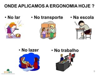 • No lazer • No trabalho
ONDE APLICAMOS A ERGONOMIA HOJE ?
• No lar • No transporte • Na escola
9
 