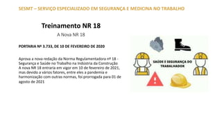 Treinamento NR 18
A Nova NR 18
PORTARIA Nº 3.733, DE 10 DE FEVEREIRO DE 2020
Aprova a nova redação da Norma Regulamentadora nº 18 -
Segurança e Saúde no Trabalho na Indústria da Construção
A nova NR 18 entraria em vigor em 10 de fevereiro de 2021,
mas devido a vários fatores, entre eles a pandemia e
harmonização com outras normas, foi prorrogada para 01 de
agosto de 2021
SESMT – SERVIÇO ESPECIALIZADO EM SEGURANÇA E MEDICINA NO TRABALHO
 