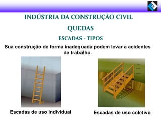 INDÚSTRIA DA CONSTRUÇÃO CIVIL
QUEDAS
ESCADAS - TIPOS
Escadas de uso individual Escadas de uso coletivo
Sua construção de forma inadequada podem levar a acidentes
de trabalho.
 
